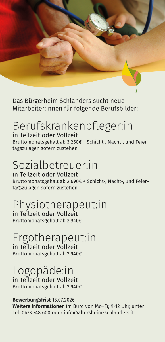 Inserat für Berufskrankenpfleger:in, Sozialbetreuer:in, Ergotherapeut:in